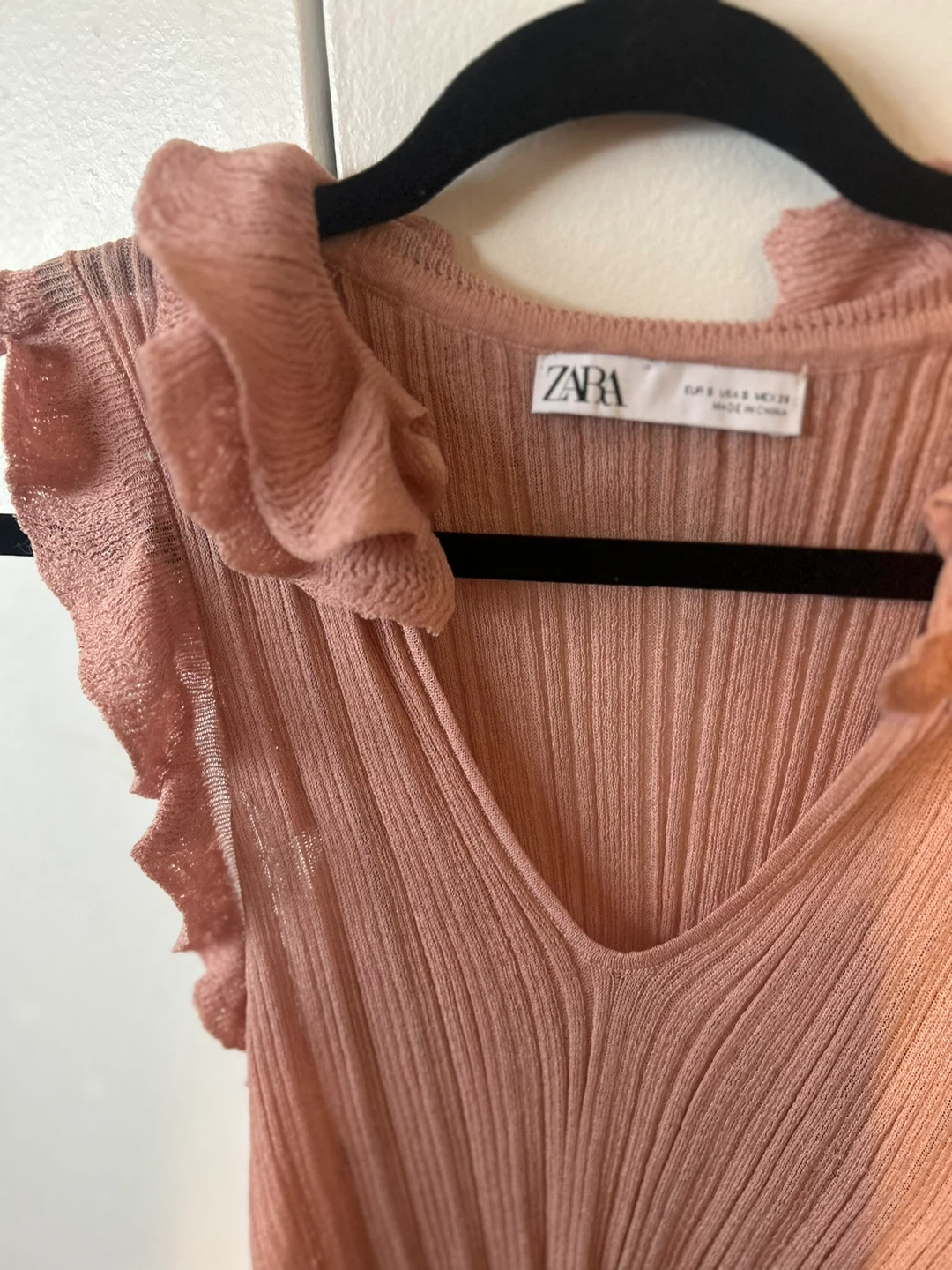 ZARA Pink Ruffle Trim V-Neck Knit Top