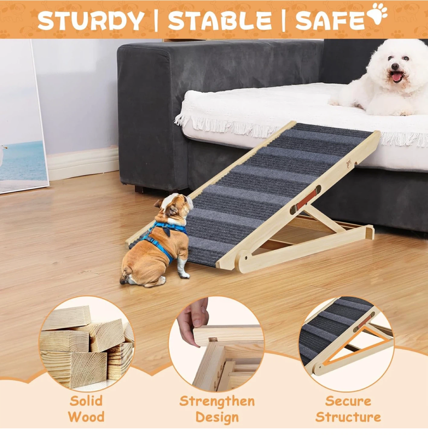 Foldable Wooden Dog Ramp - Adjustable Height, Anti-Slip - photo 3