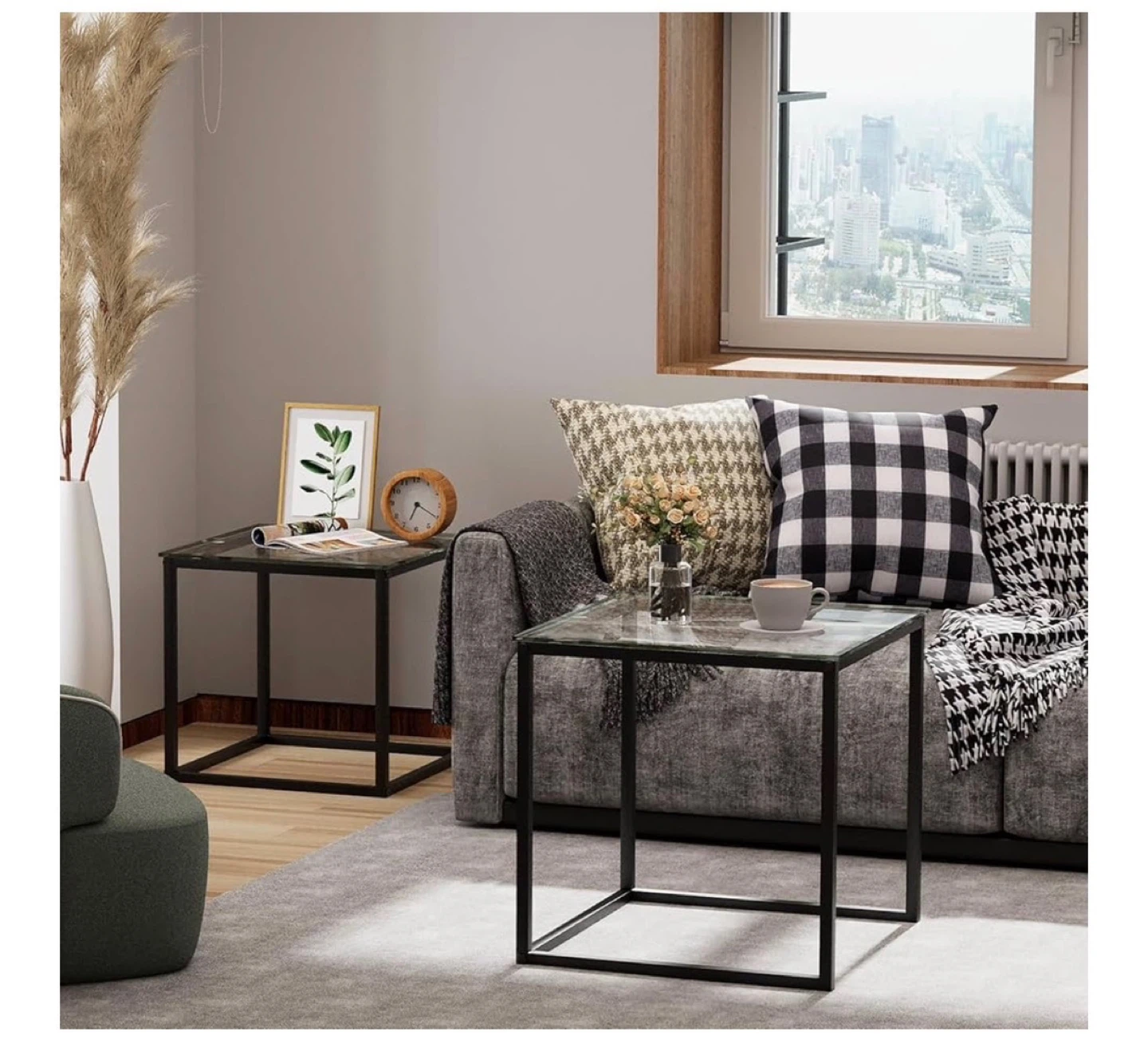 Set of 2 Side Tables - Black Metal Frame with Textured Glass Top