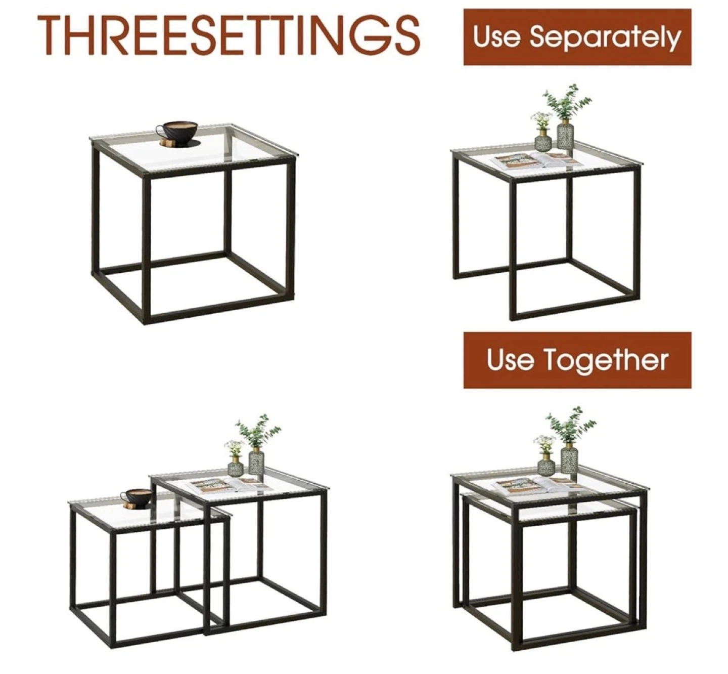 Set of 2 Side Tables - Black Metal Frame with Textured Glass Top - photo 3
