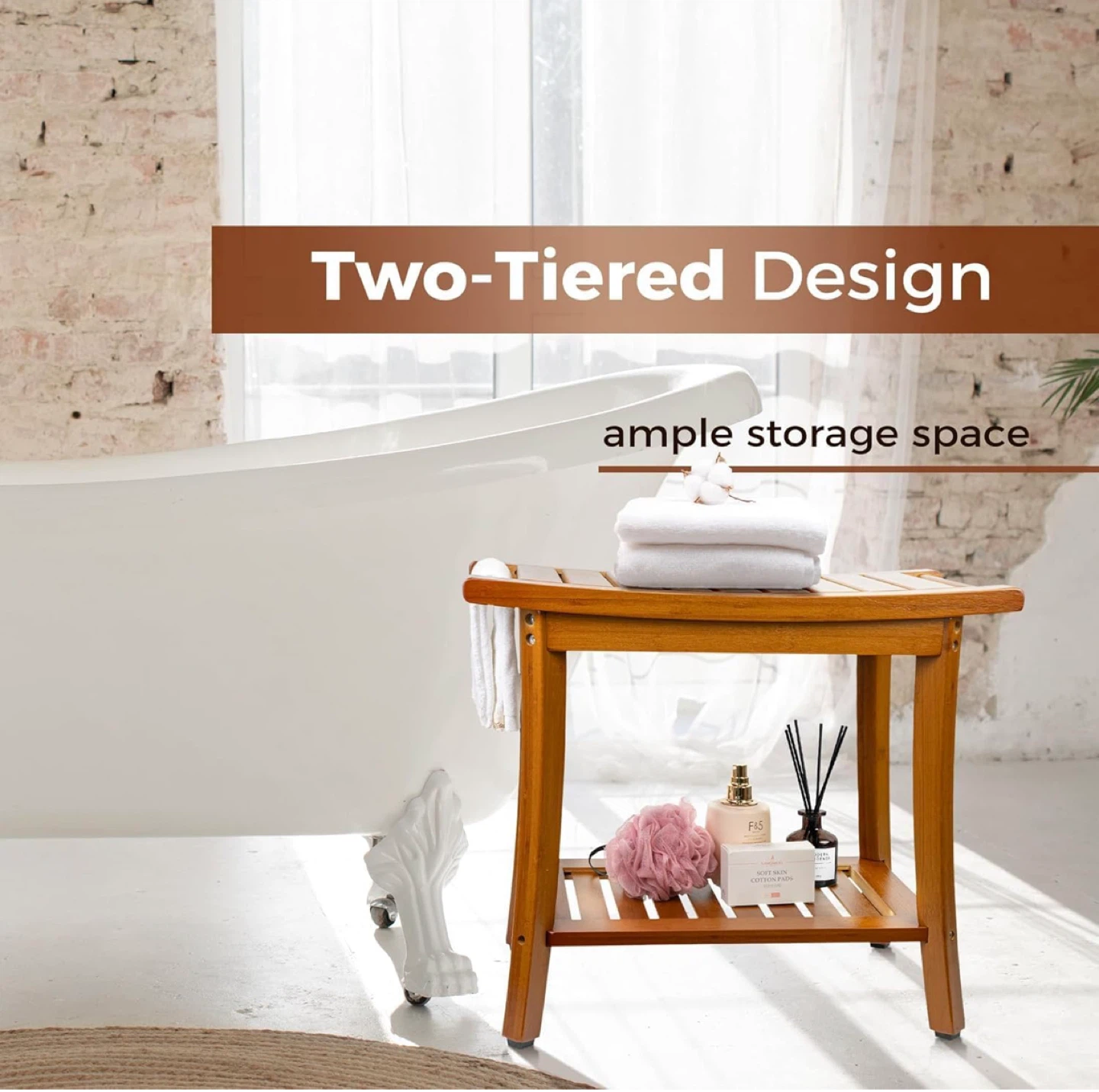 Bamboo Shower Bench with Two-Tiered Storage