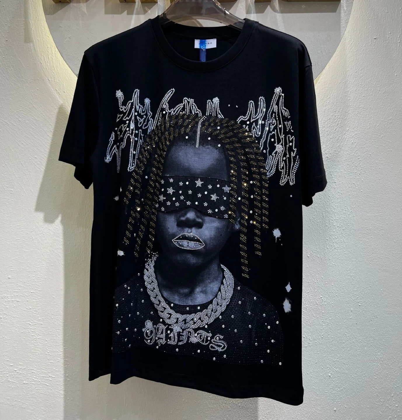 Black Graphic T-Shirt with Rhinestone Embellishments