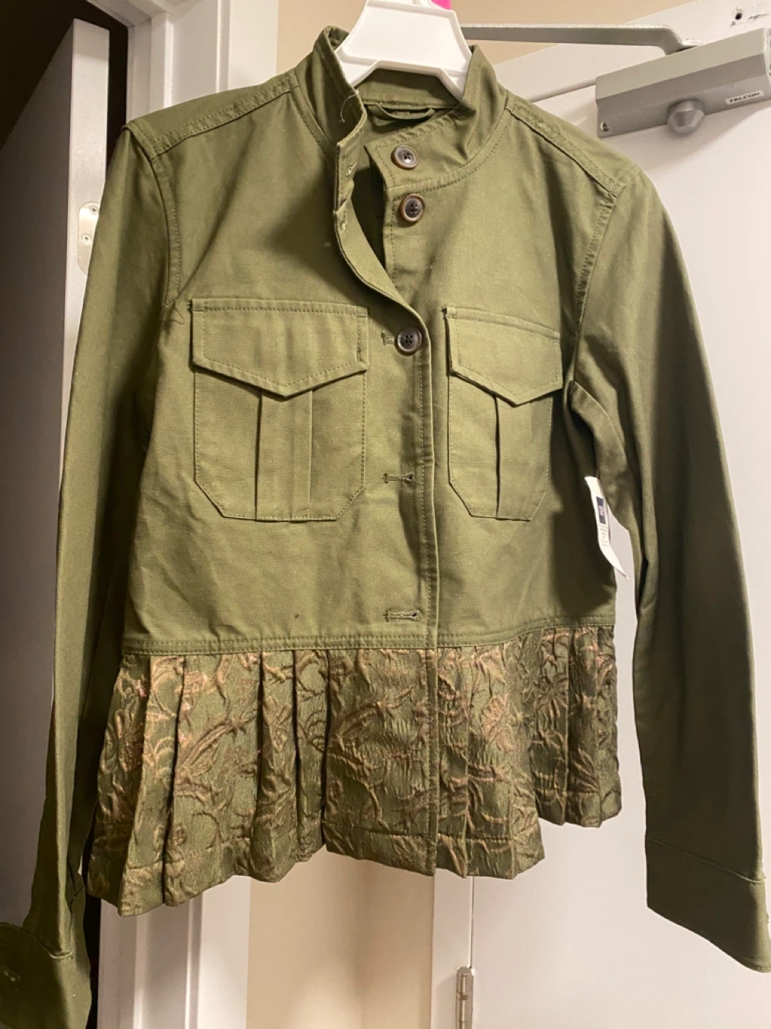 Green Utility Jacket with Pleated Embroidered Hem