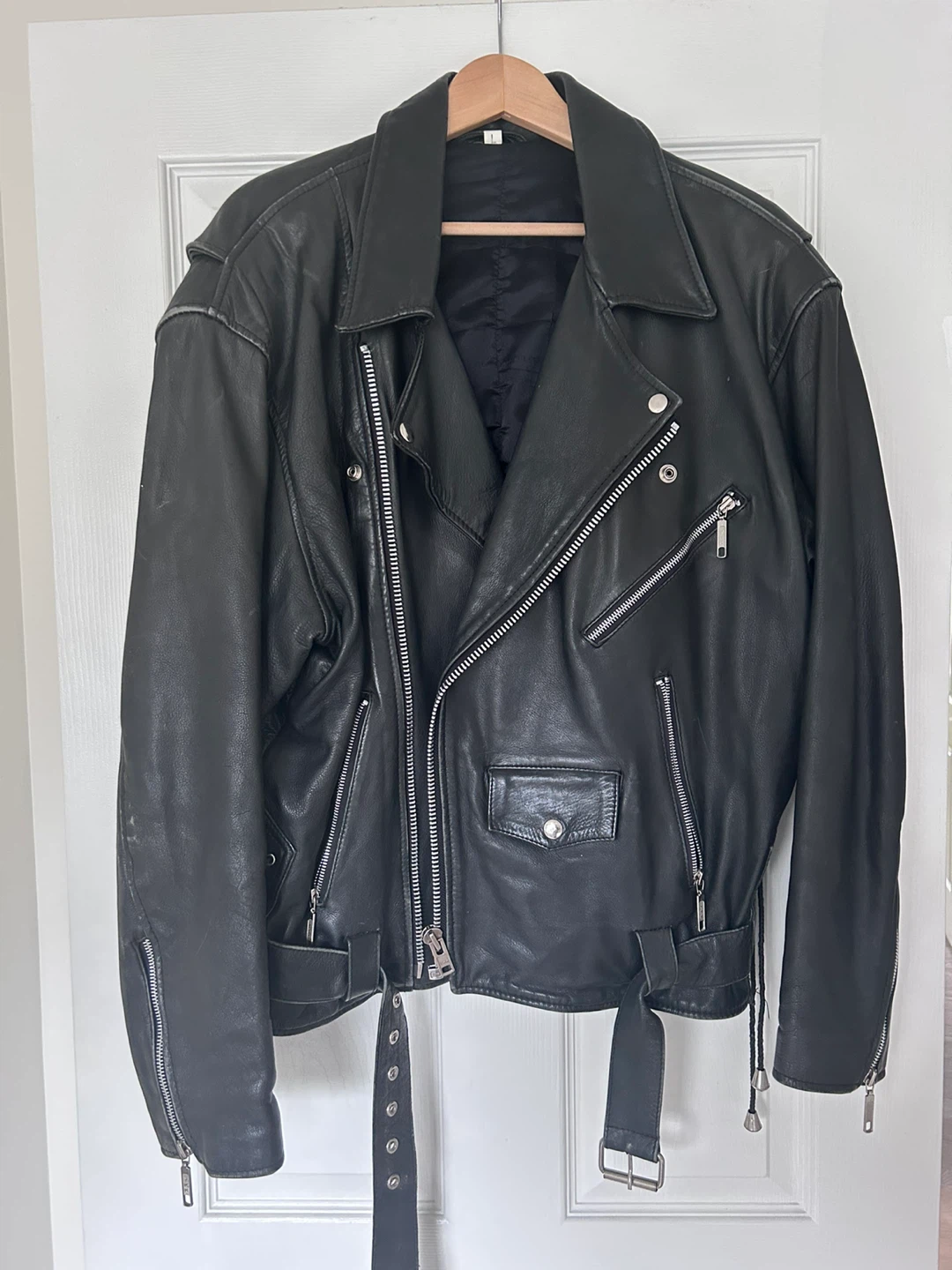 Black Leather Motorcycle Jacket with Lace-Up Sleeves