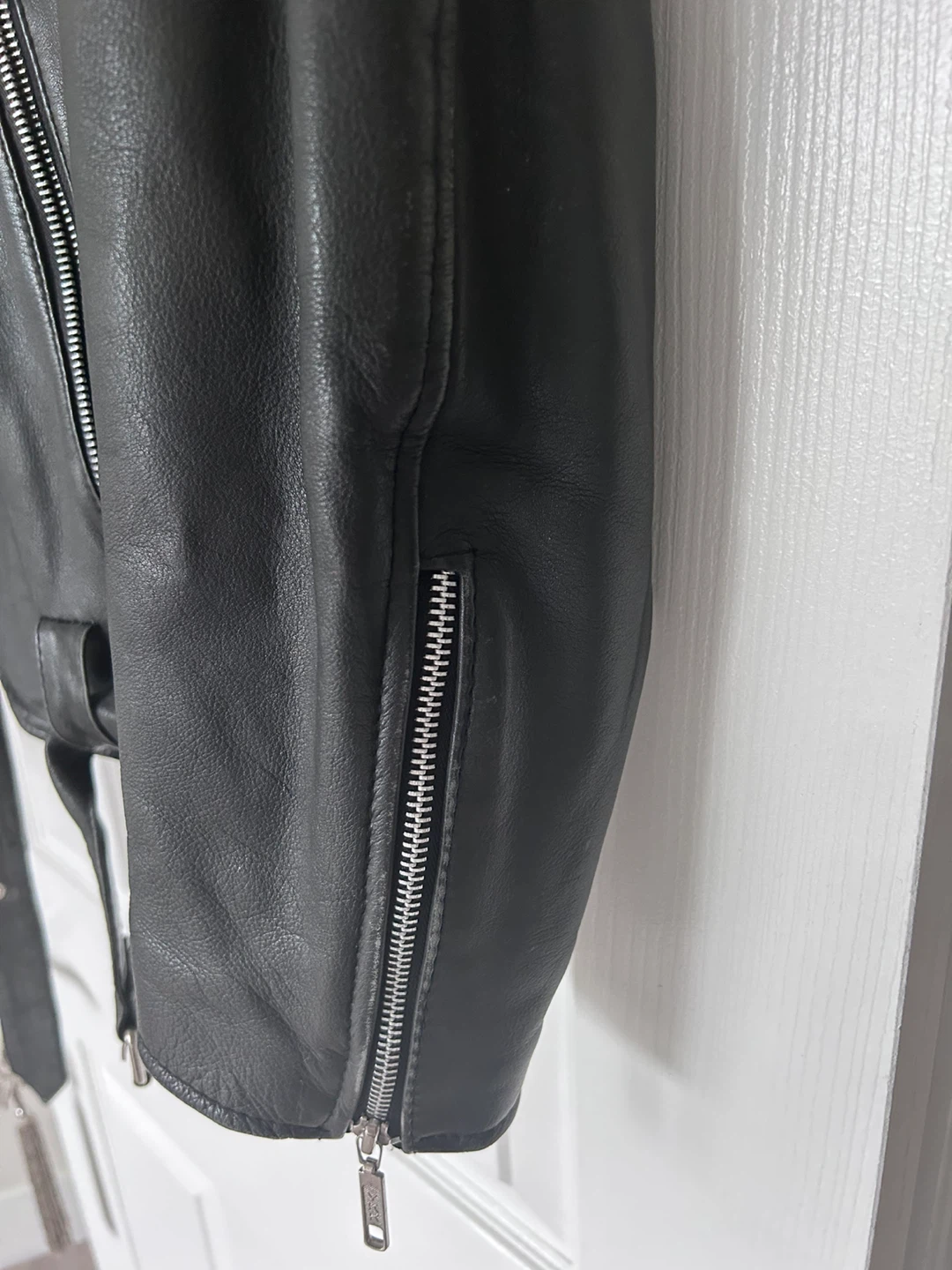 Black Leather Motorcycle Jacket with Lace-Up Sleeves - photo 3