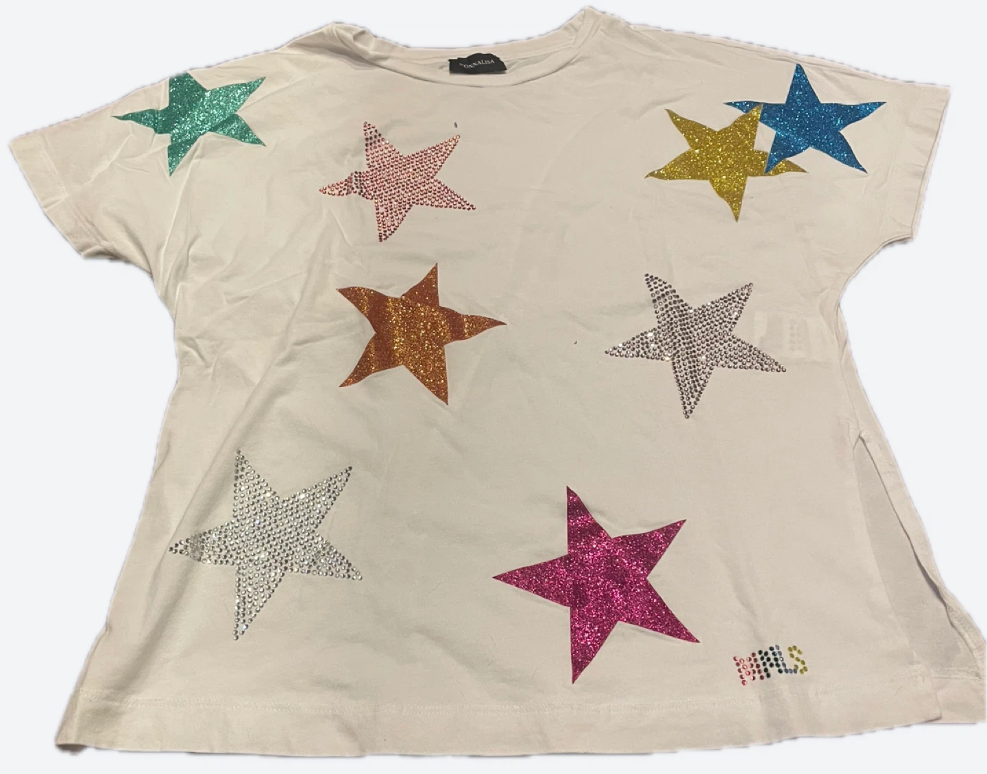 Mona Lisa White T-Shirt with Glitter Stars - Size Medium