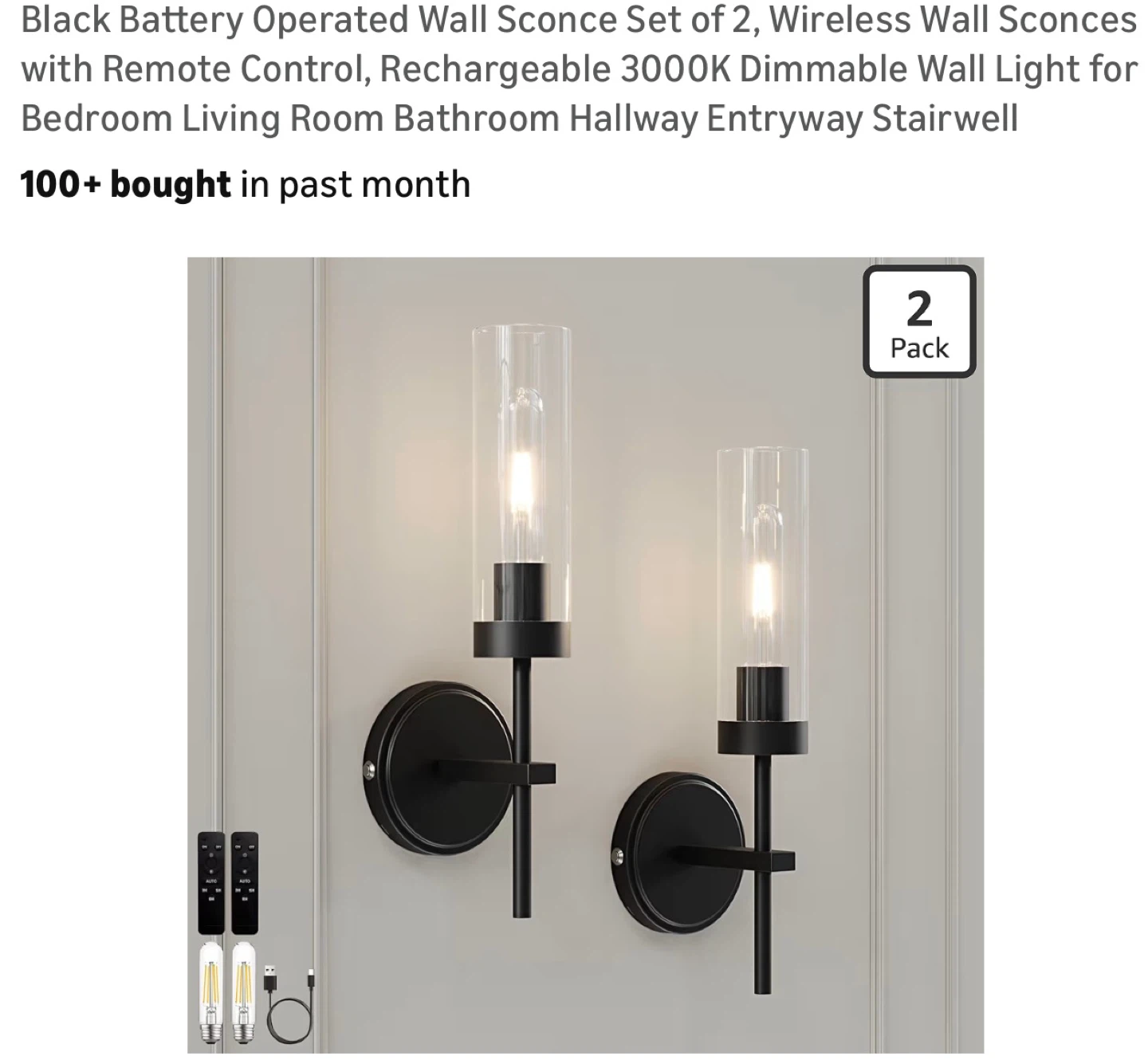 Set of 2 Black Battery Operated Wall Sconces Remote Control BB8