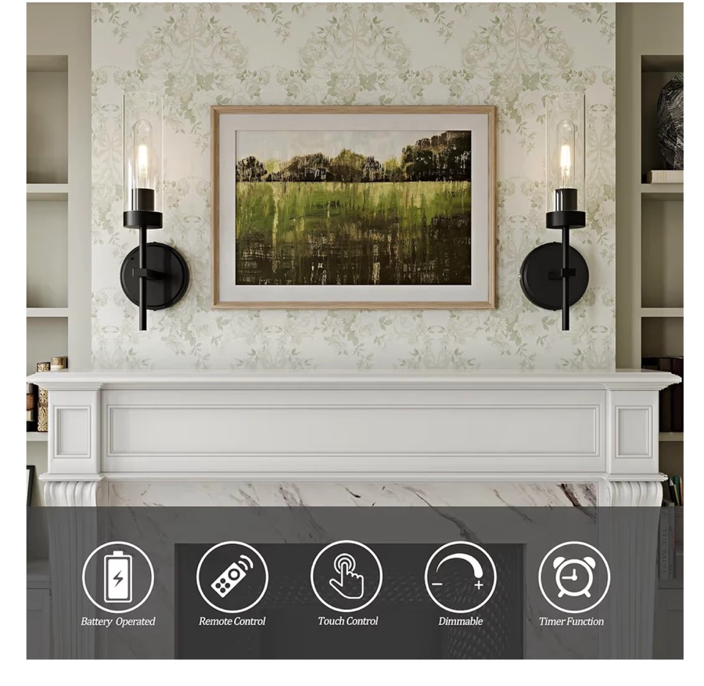 Set of 2 Black Battery Operated Wall Sconces Remote Control BB8 - photo 2