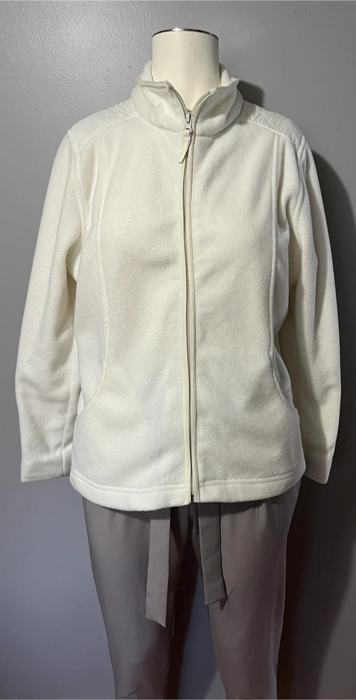 Cream Fleece Zip-Up Jacket with Quilted Elbow Patches