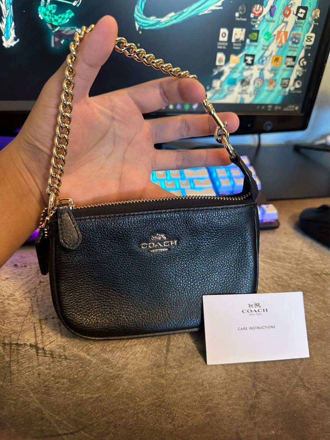 Coach Black Leather Wristlet Pouch with Gold Chain