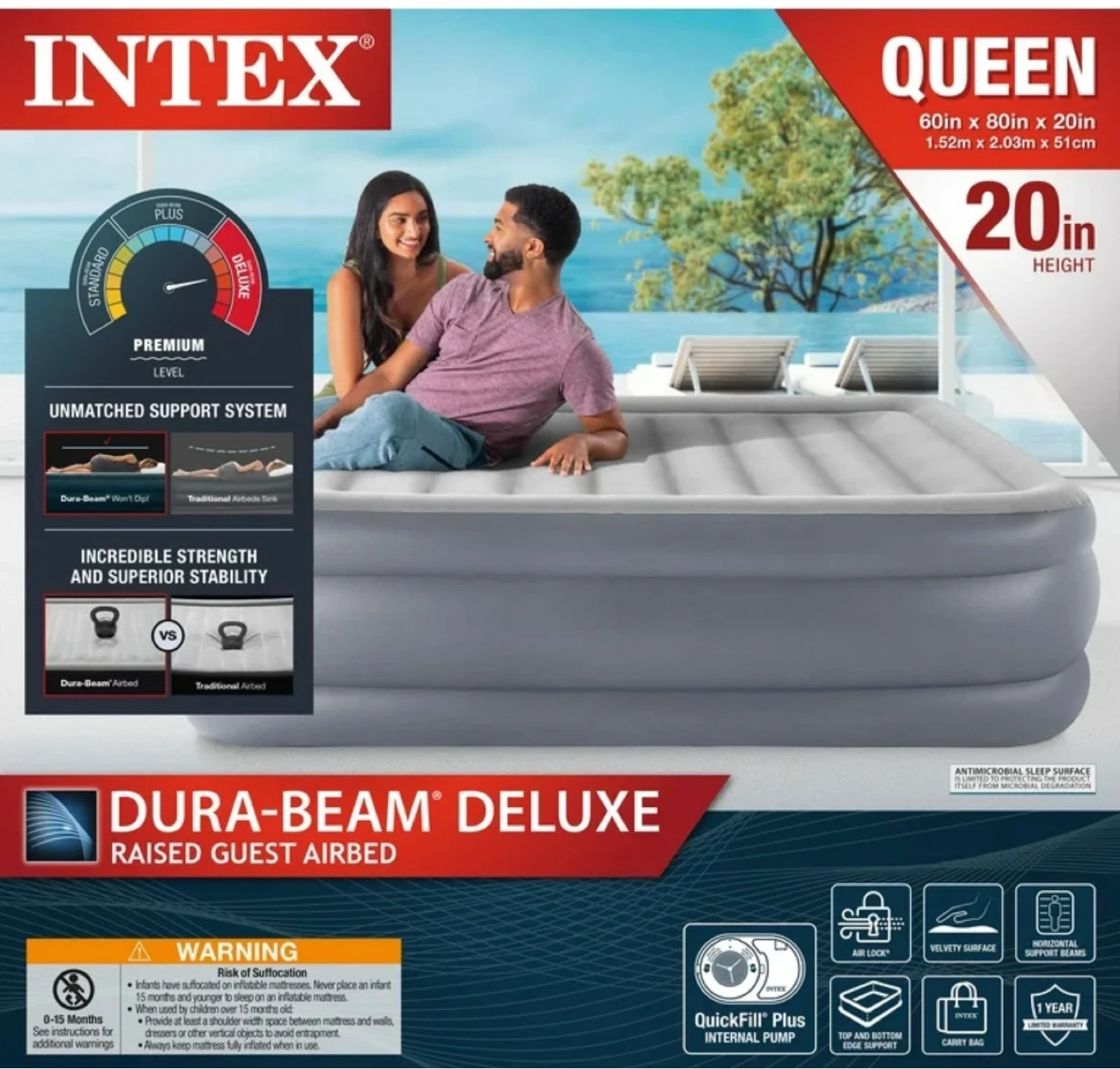 Intex Queen Dura-Beam Deluxe Raised Airbed (60in x 80in x 20in)