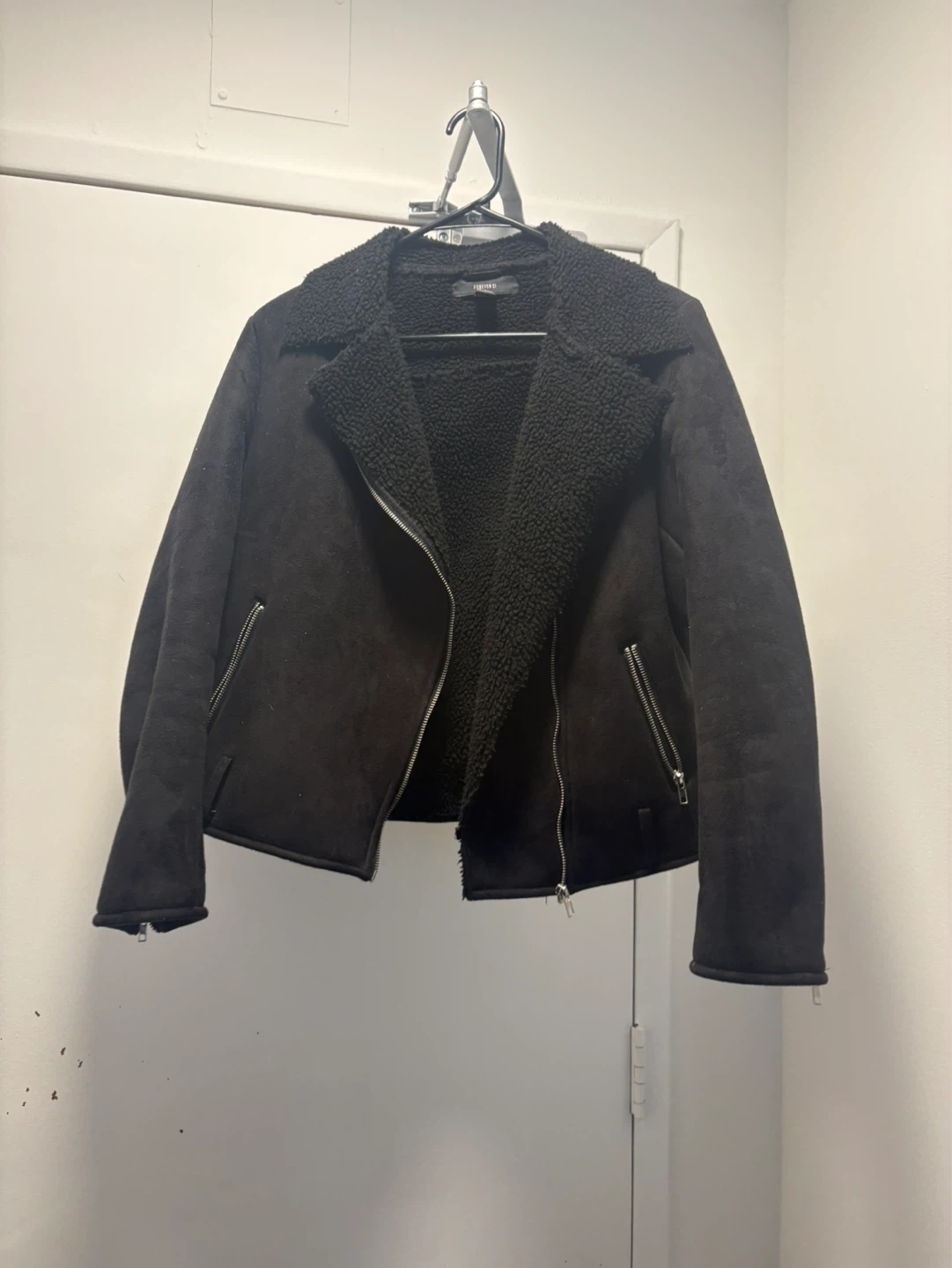 Black Faux Suede Sherpa Lined Moto Jacket