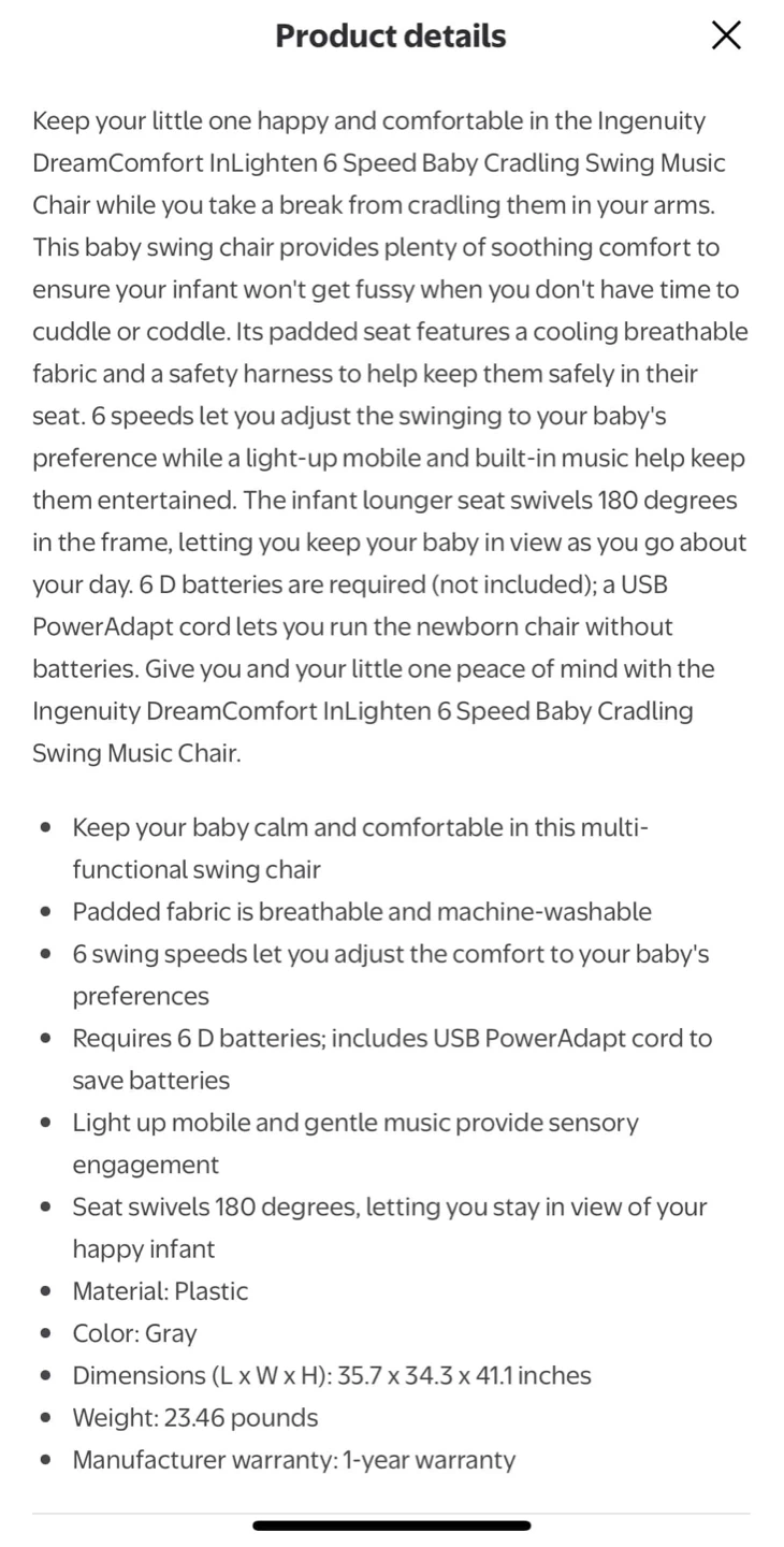 Ingenuity DreamComfort InLighten Baby Swing Music Chair - photo 2