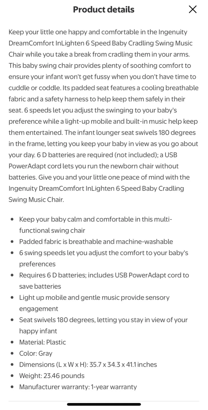 Ingenuity DreamComfort InLighten Baby Swing Music Chair - photo 2