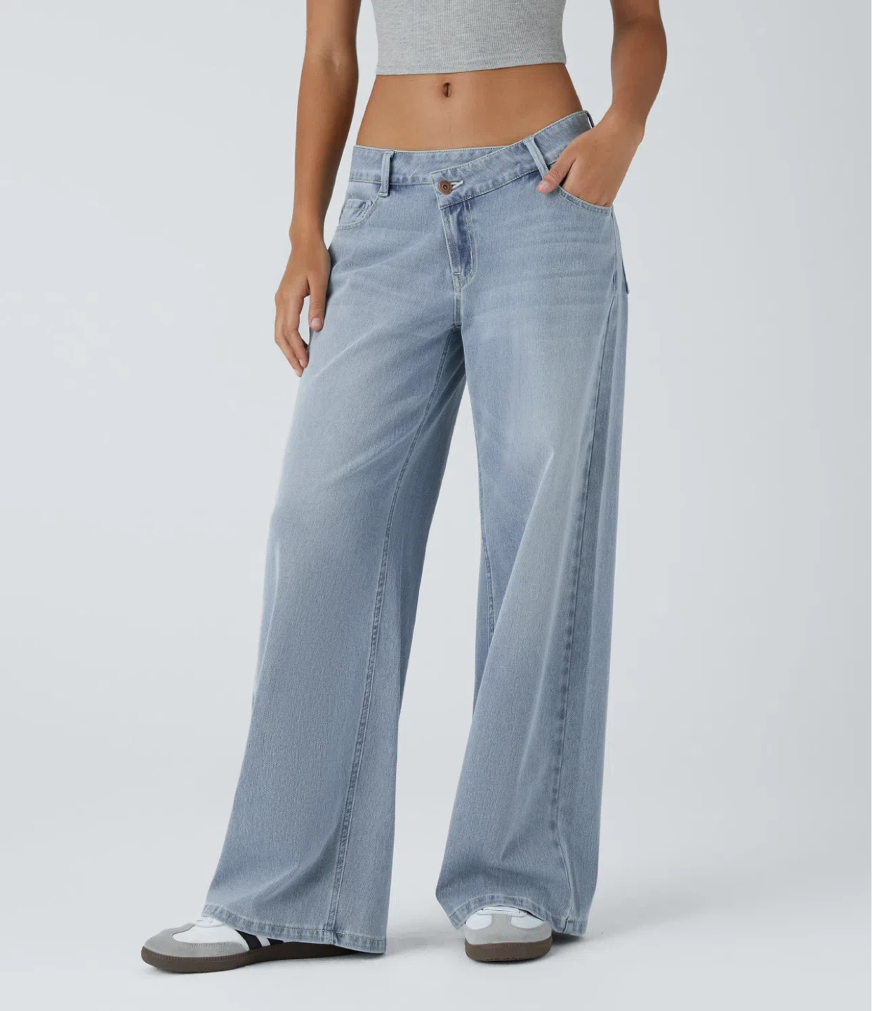 Low Rise Zipper Pockets Baggy Wide Leg Washed Casual Jeans
