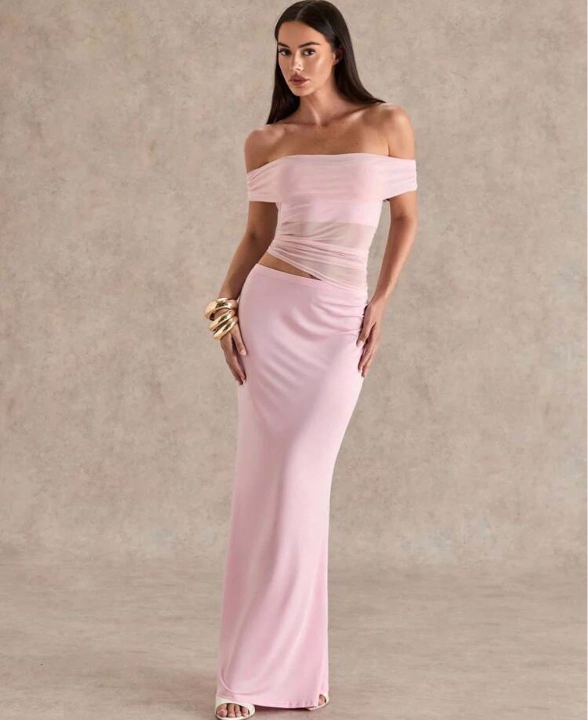 Pink Off-the-Shoulder Mesh Maxi skirt and top