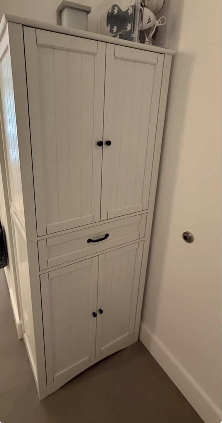 White Storage Cabinet with Doors and Drawer