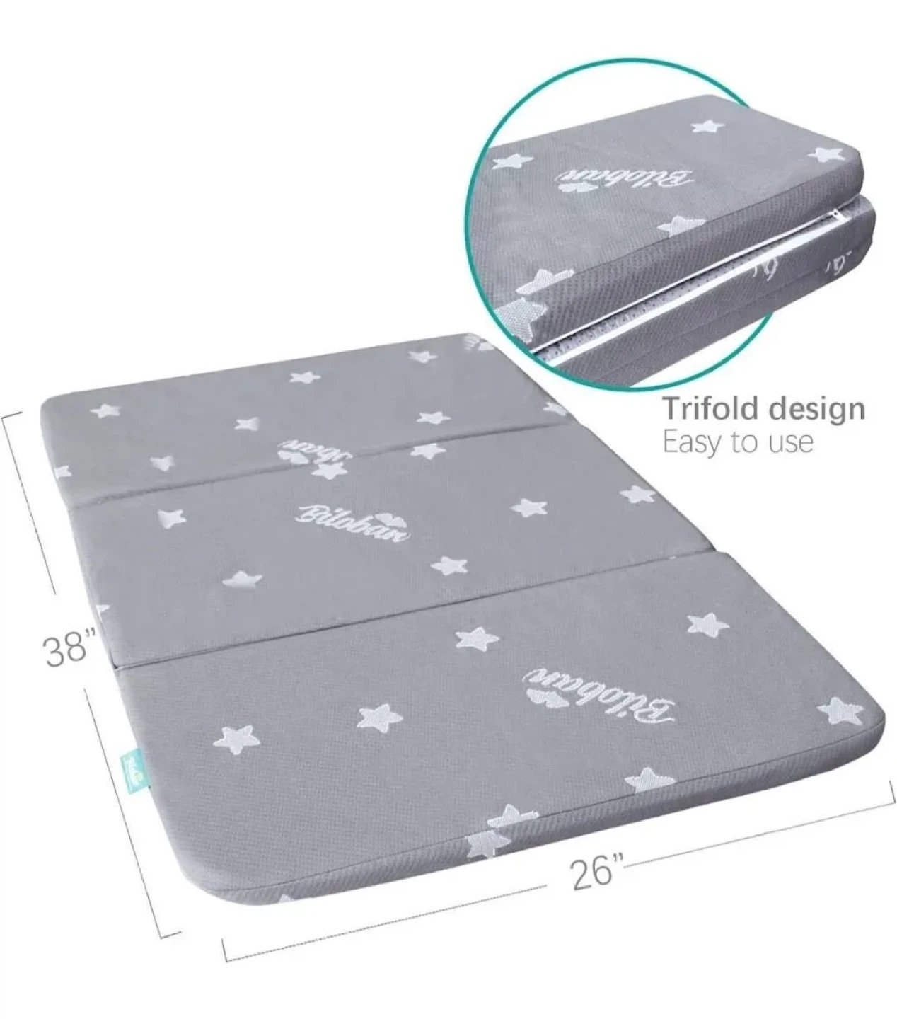 Biloban Tri-Fold Crib Mattress - 38" x 26" - Gray with Stars - photo 2
