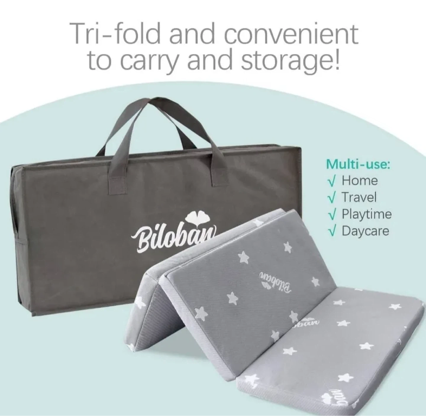 Biloban Tri-Fold Crib Mattress - 38" x 26" - Gray with Stars - photo 5