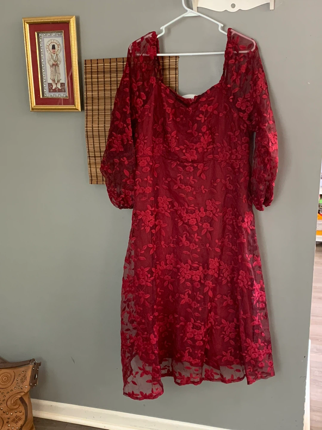 Red Floral Lace Dress Sexy Seep Square Neck And Back