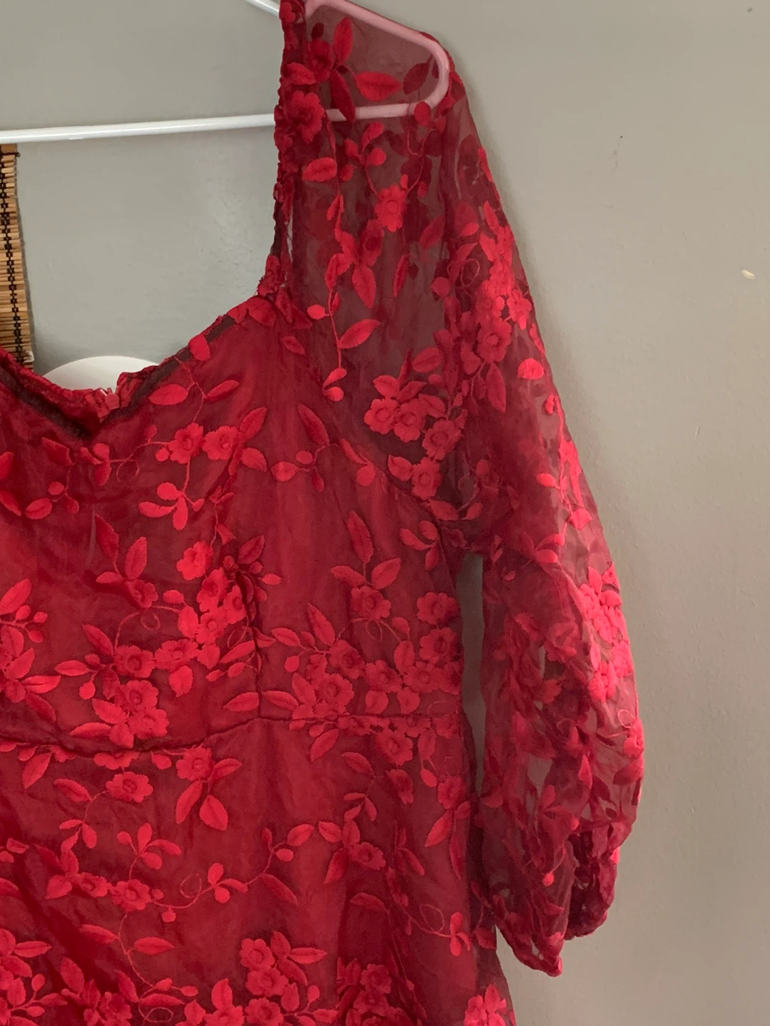 Red Floral Lace Dress Sexy Seep Square Neck And Back - photo 3
