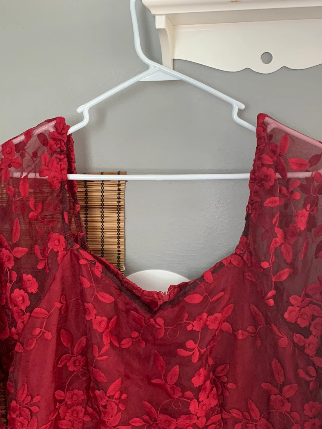 Red Floral Lace Dress Sexy Seep Square Neck And Back - photo 2