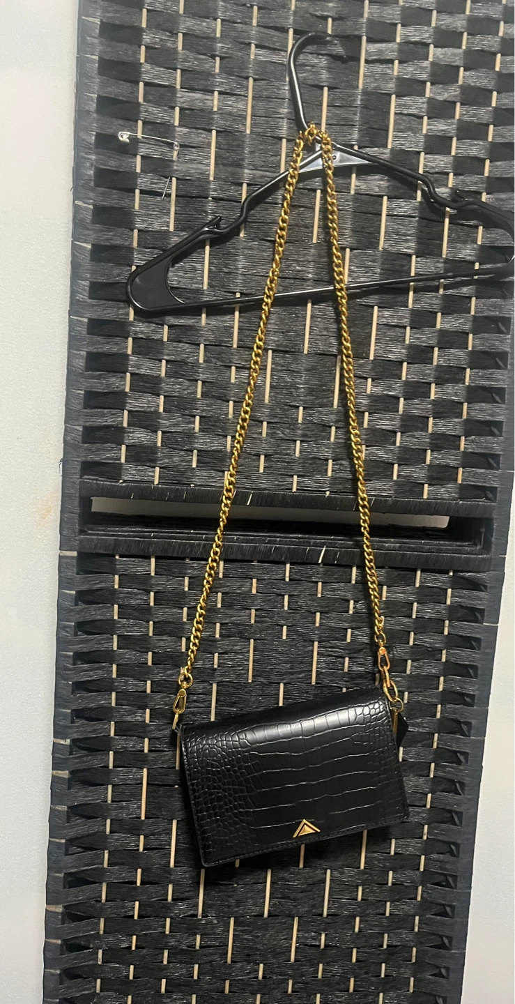 Black Embossed Shoulder Bag with Gold Chain - photo 2