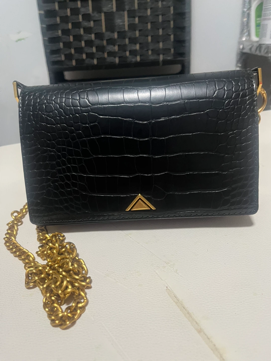 Black Embossed Shoulder Bag with Gold Chain