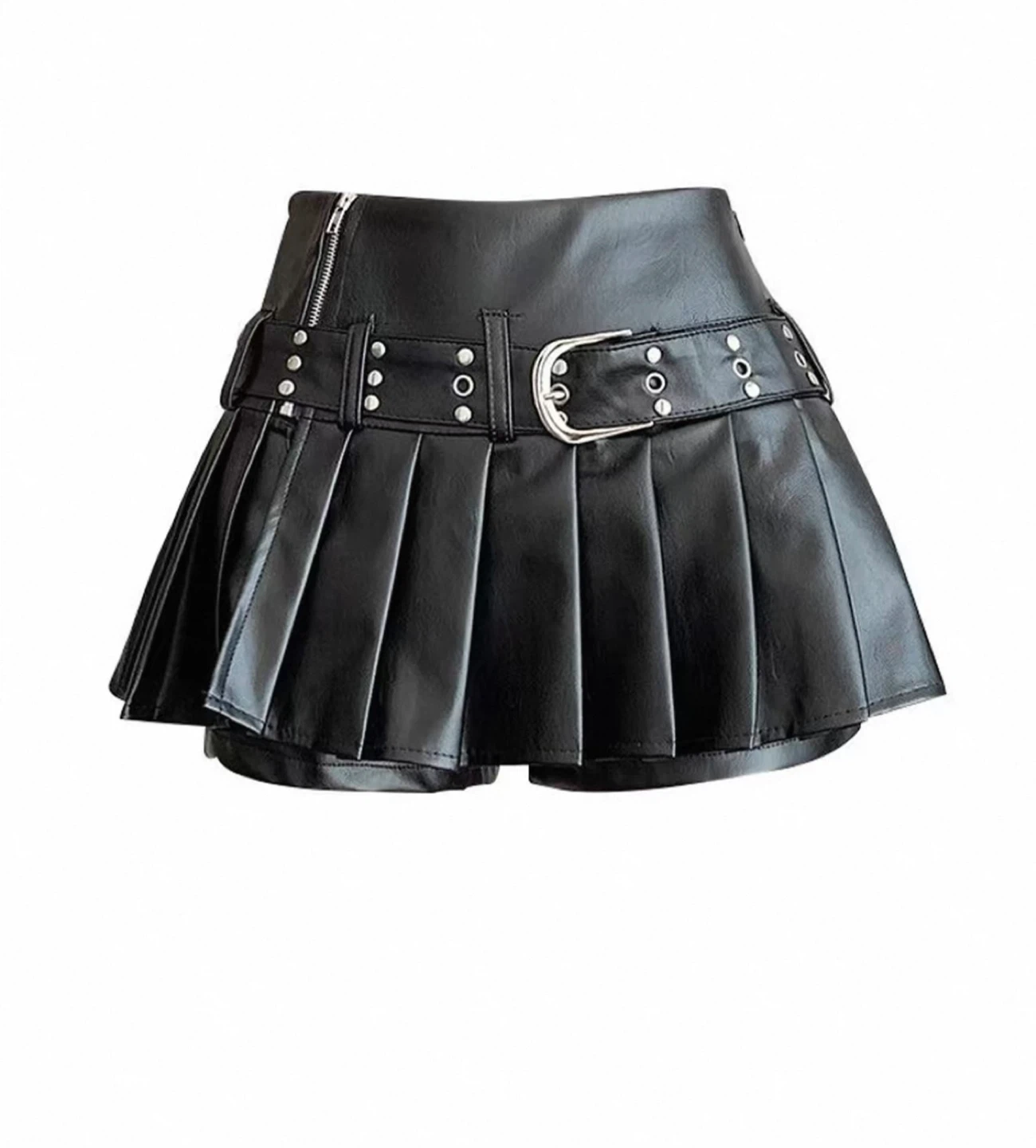 Black Pleated Faux Leather Mini Skirt with Belt