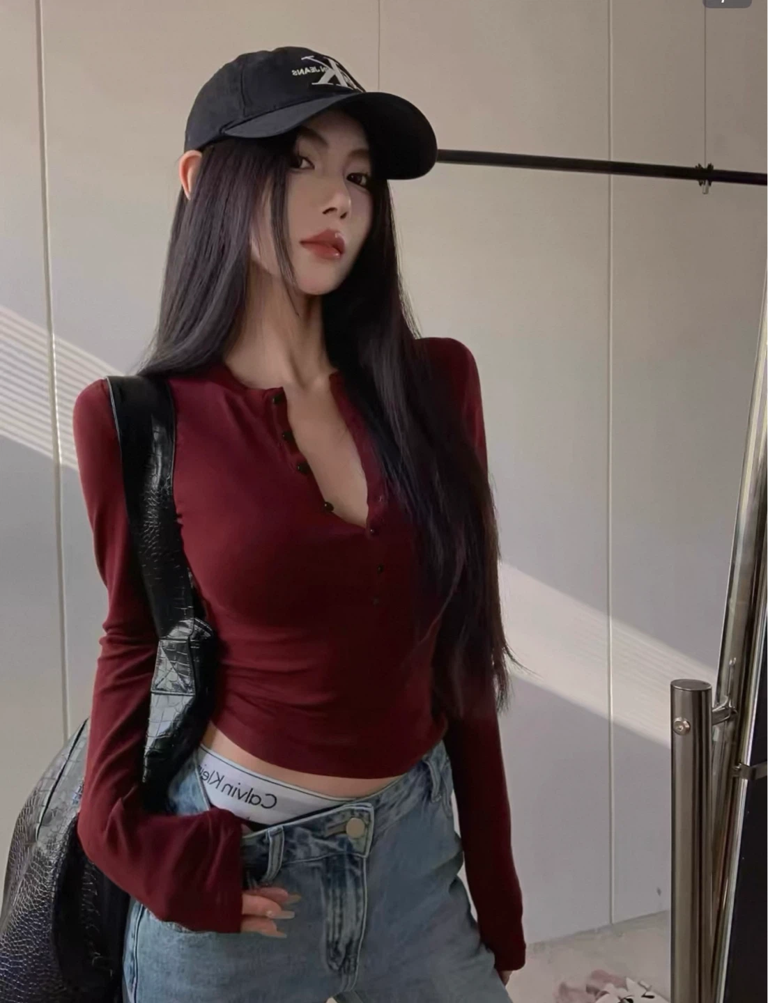 Maroon Long Sleeve Henley Top