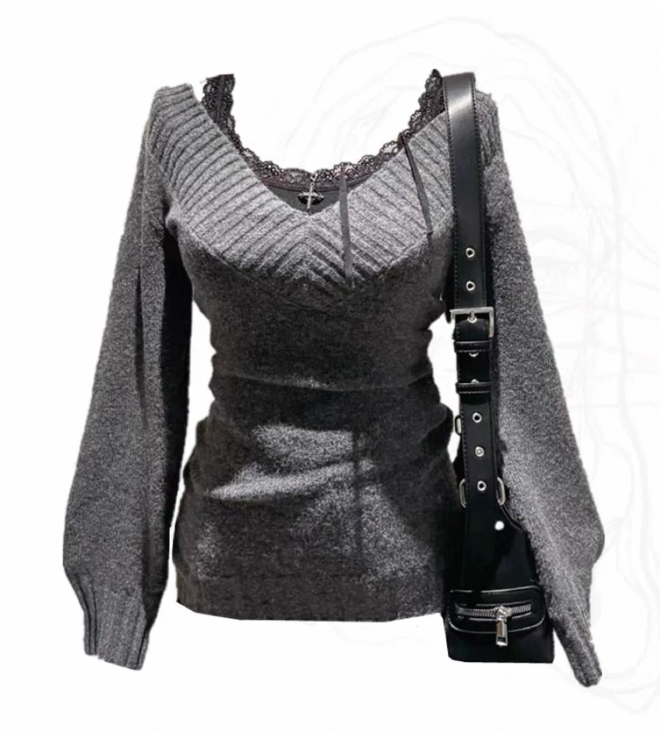 Grey V-Neck Knit Sweater with Lace Trim