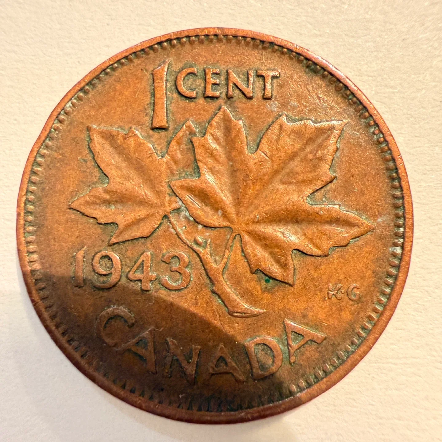 1943 Canadian Penny - George VI - PVC damage - acetone cleaned