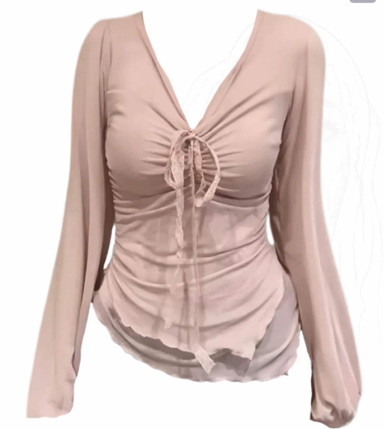 Pink Ruched Tie Front Long Sleeve Top