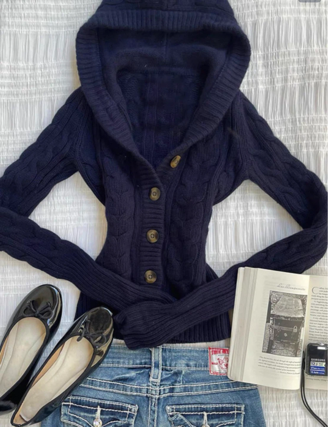 Navy Blue Cable Knit Hooded Cardigan
