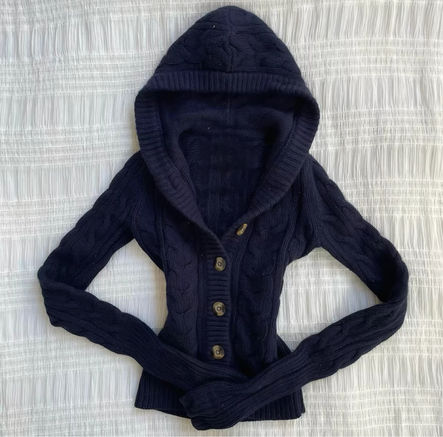 Navy Blue Cable Knit Hooded Cardigan - photo 2