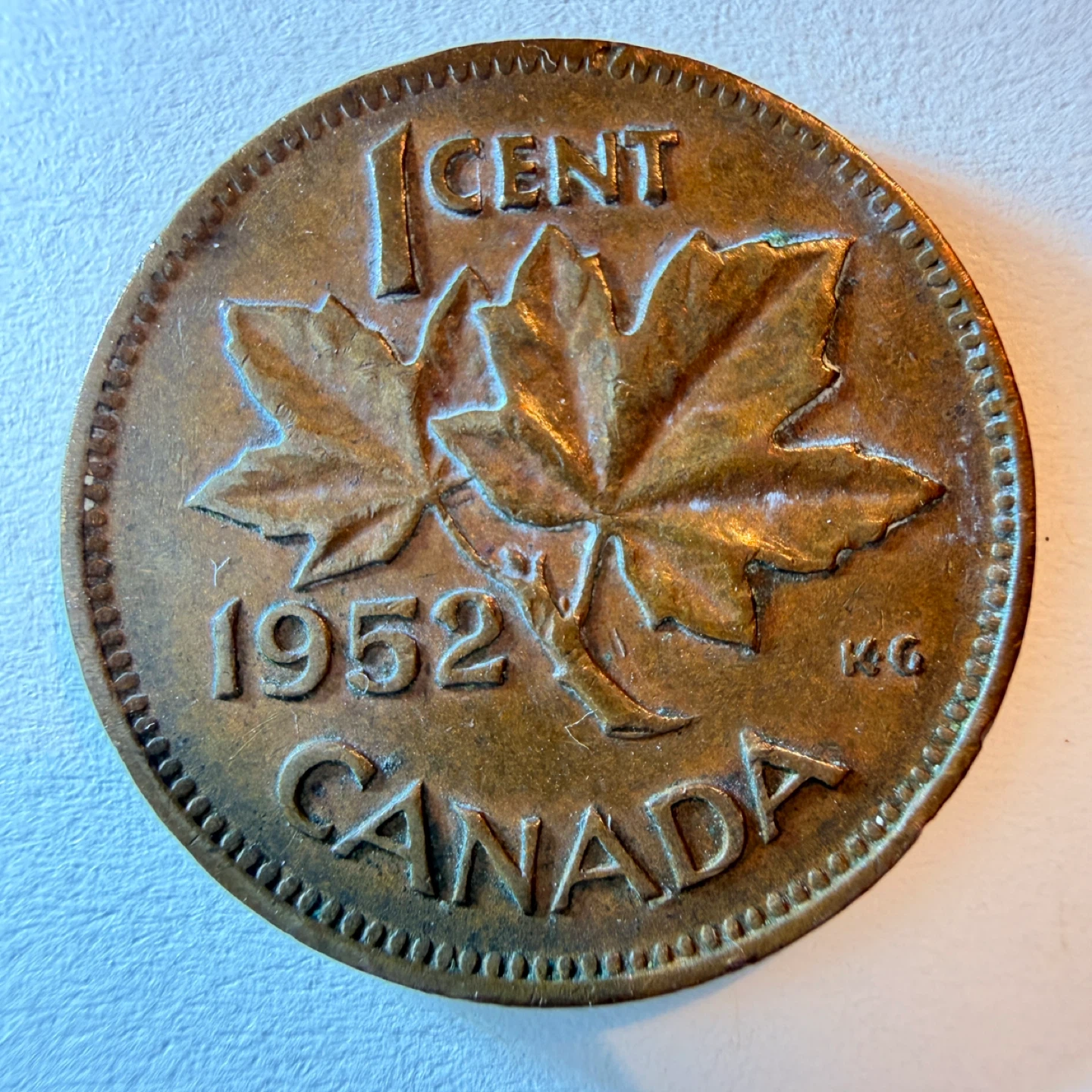 1952 Canadian 1 Cent Coin - PVC damage - Acetone cleaned - photo 3