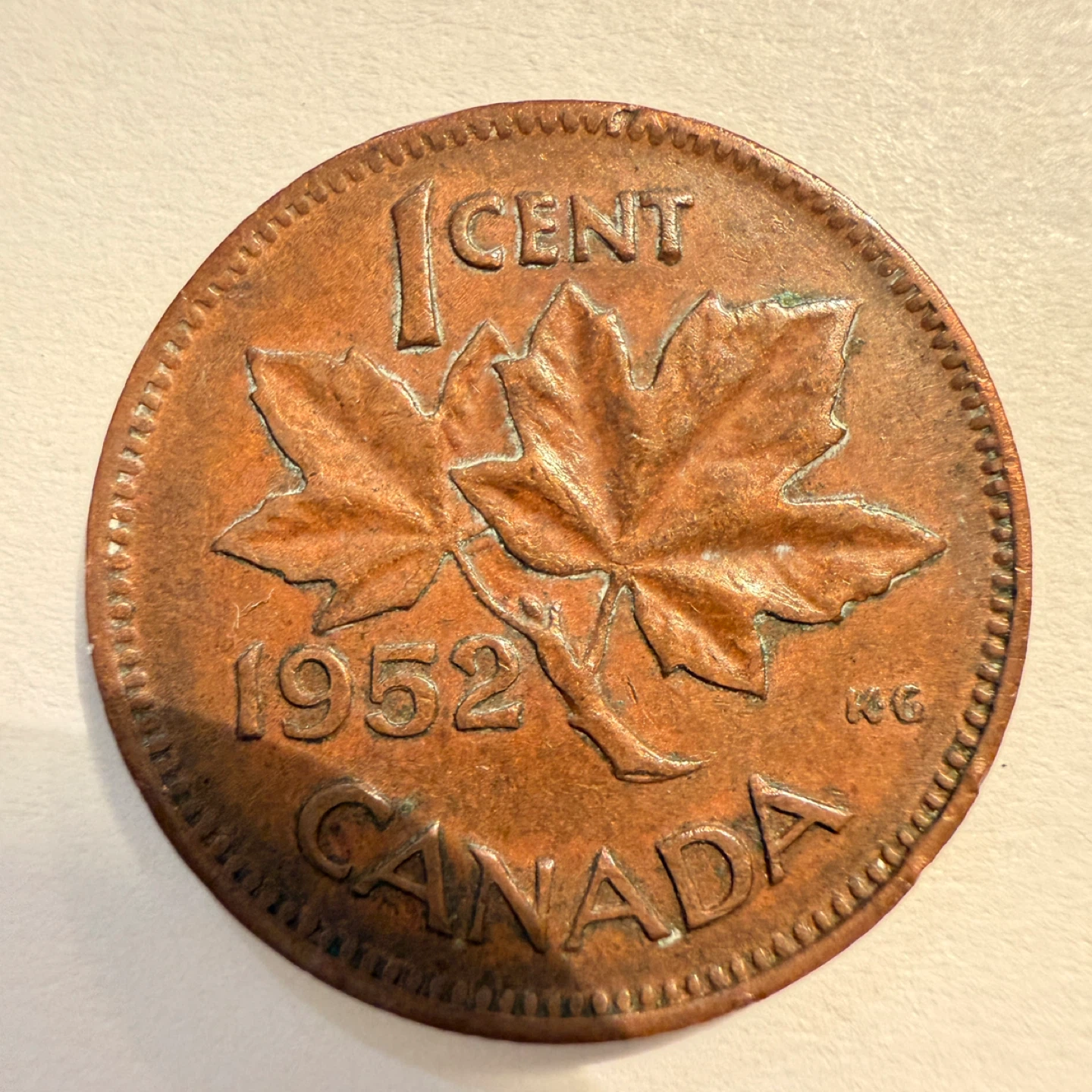 1952 Canadian 1 Cent Coin - PVC damage - Acetone cleaned