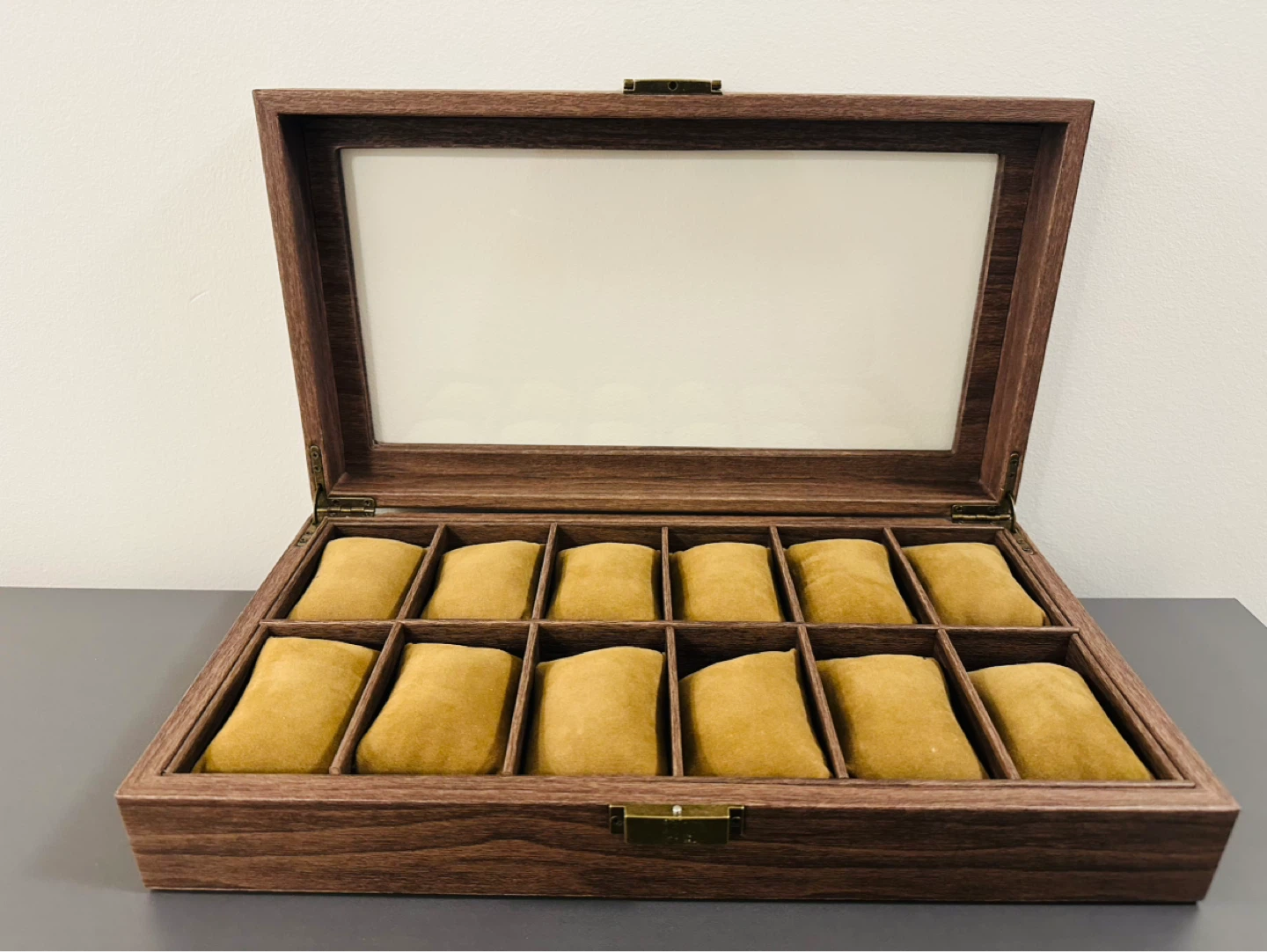 12-Slot Wooden Watch Display Case with Glass Top