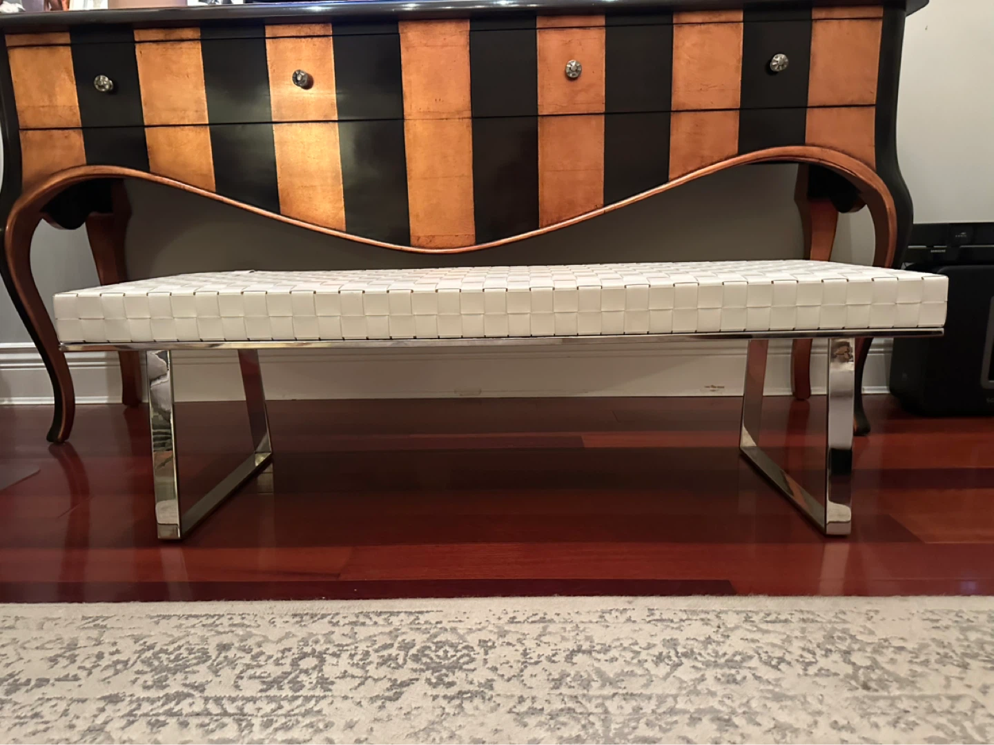 White Woven Bench with Chrome Legs