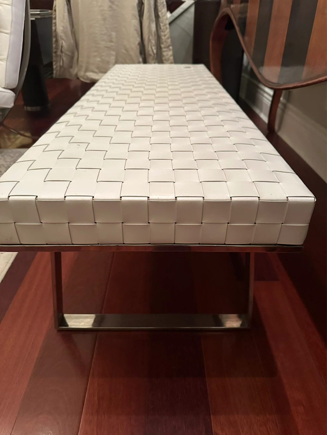 White Woven Bench with Chrome Legs - photo 4