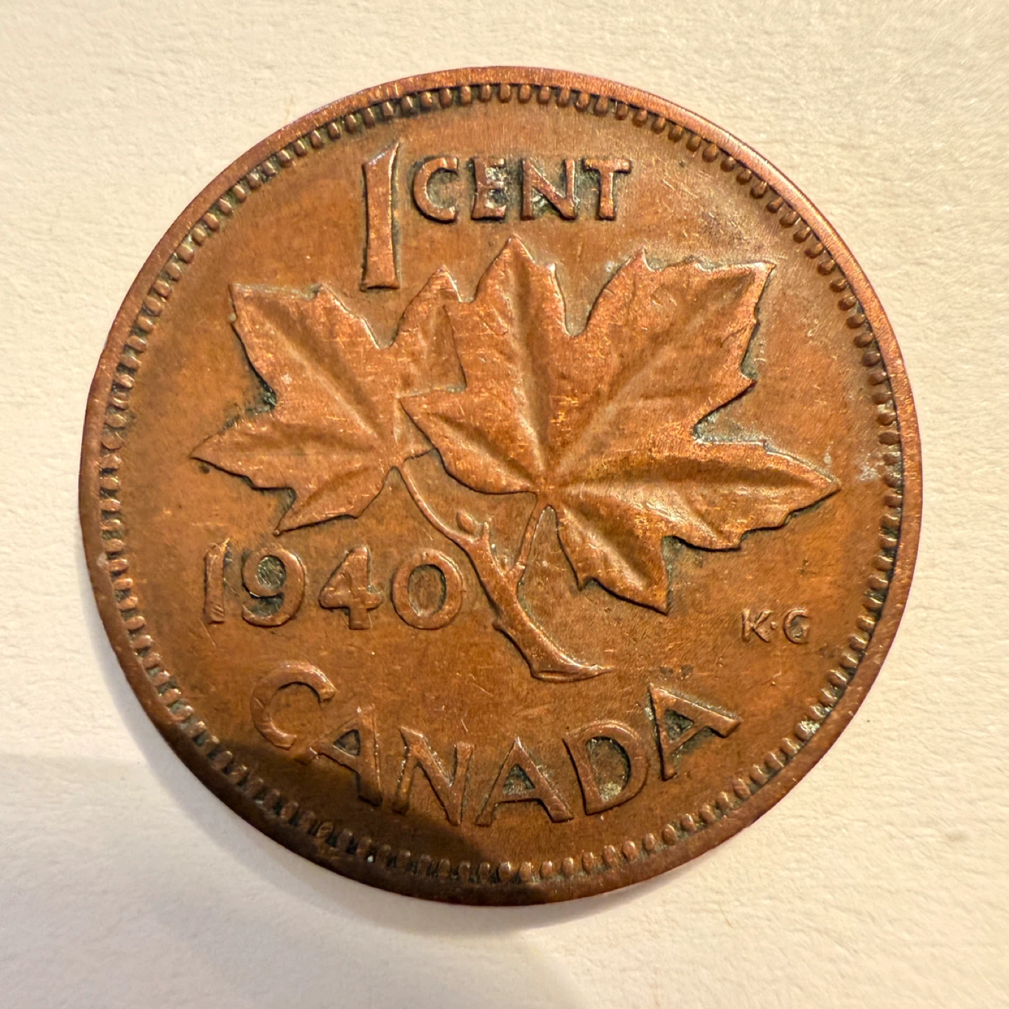 1940 Canada 1c - acetone cleaned PVC damage - doubled nose