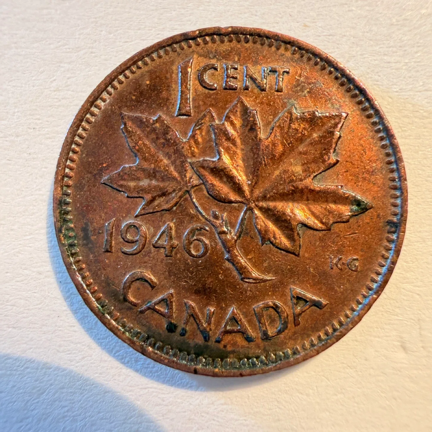 1946 Canadian 1 CCoin-nice toning - acetone cleaned PVC damage