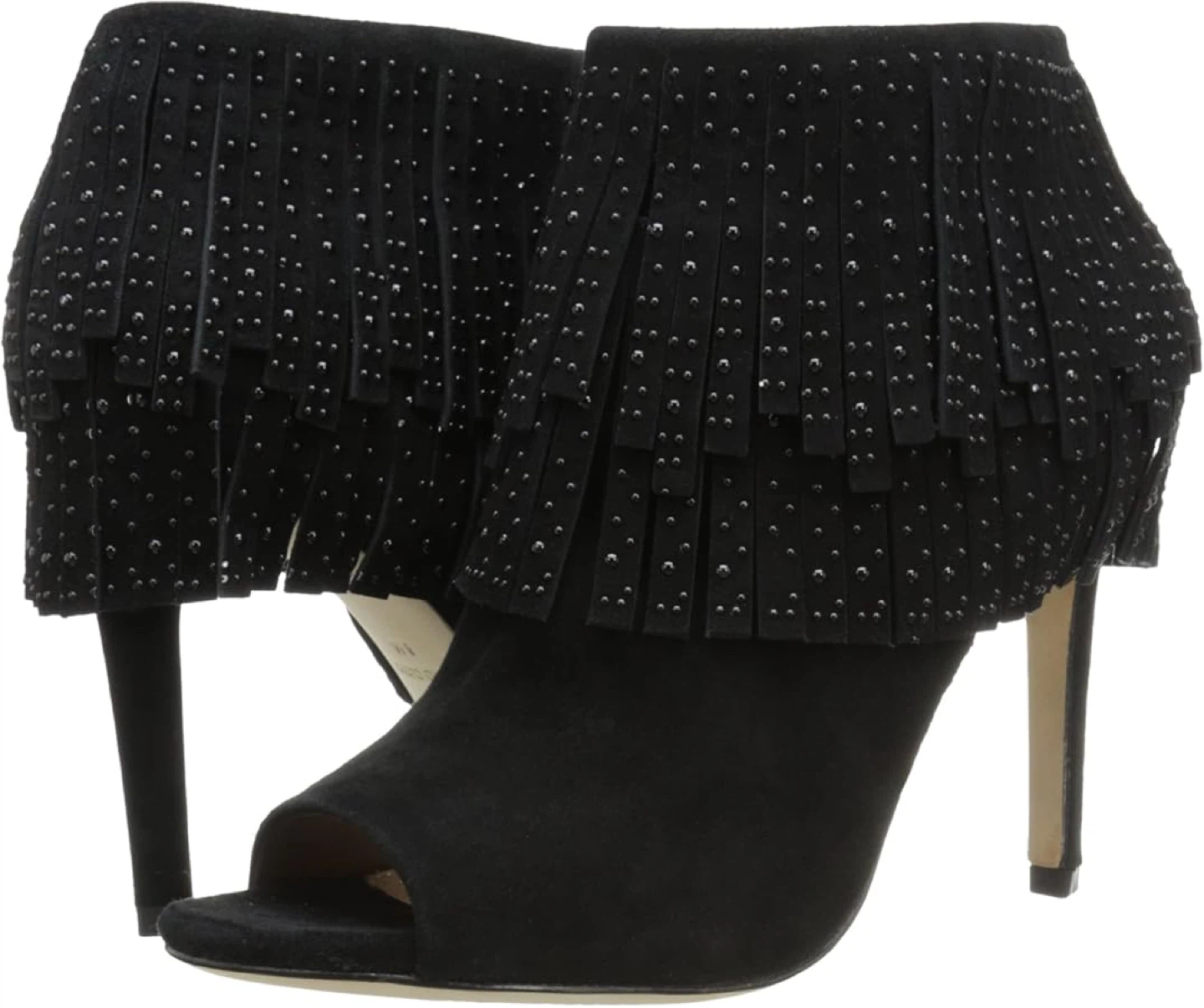 BCBGMAXAZRIA Black Suede Fringe Peep-Toe Heels