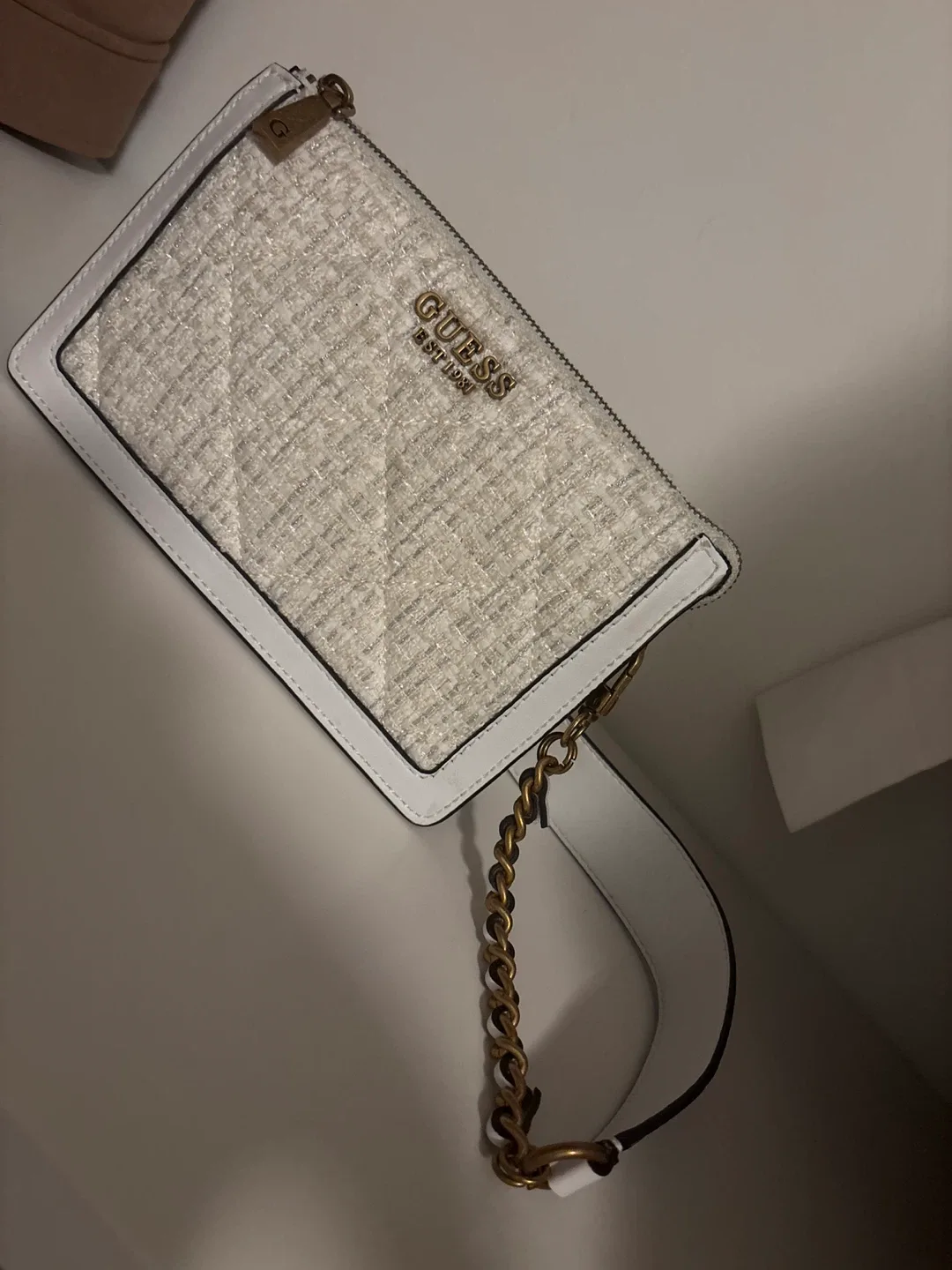 Guess White Tweed Chain Shoulder Bag