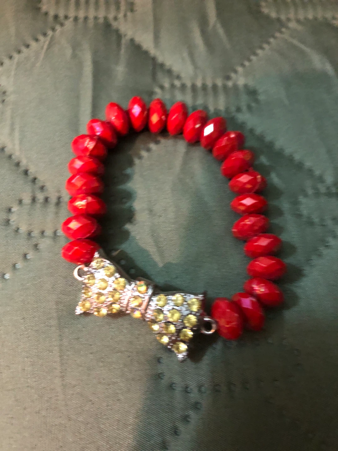 Red Beaded Bracelet with Rhinestone Bow