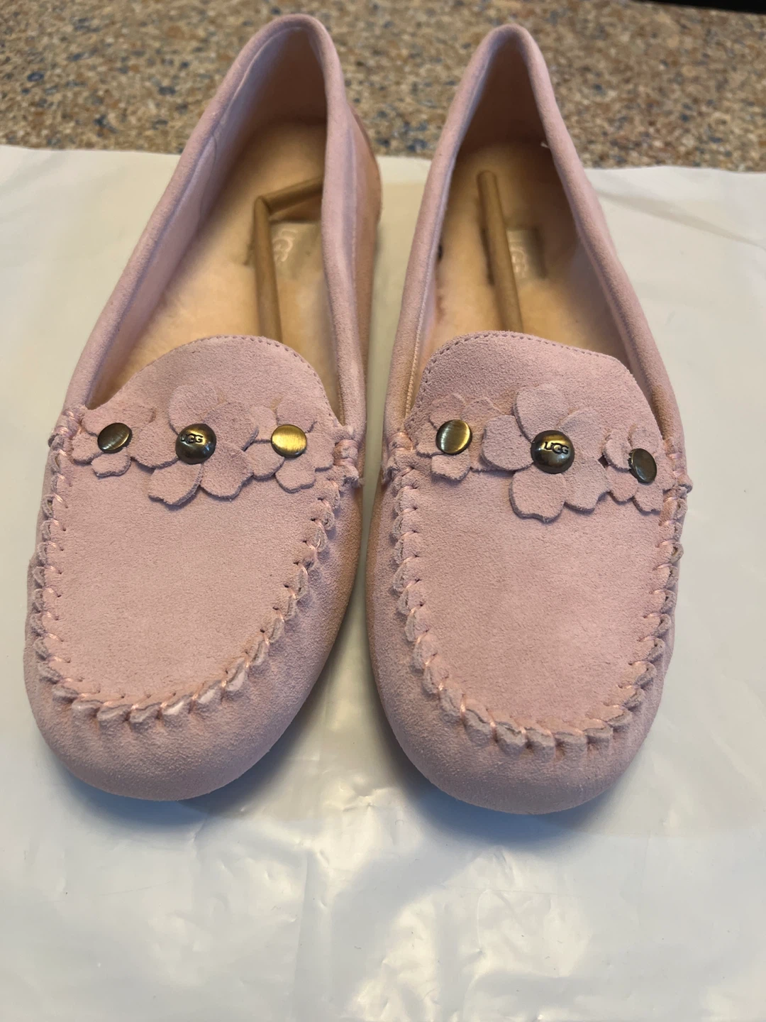 UGG Pink Suede Floral Moccasin Slippers