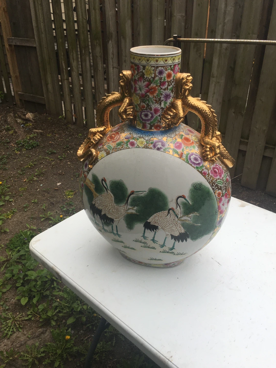 Large Decorative Vase with Cranes and Dragons