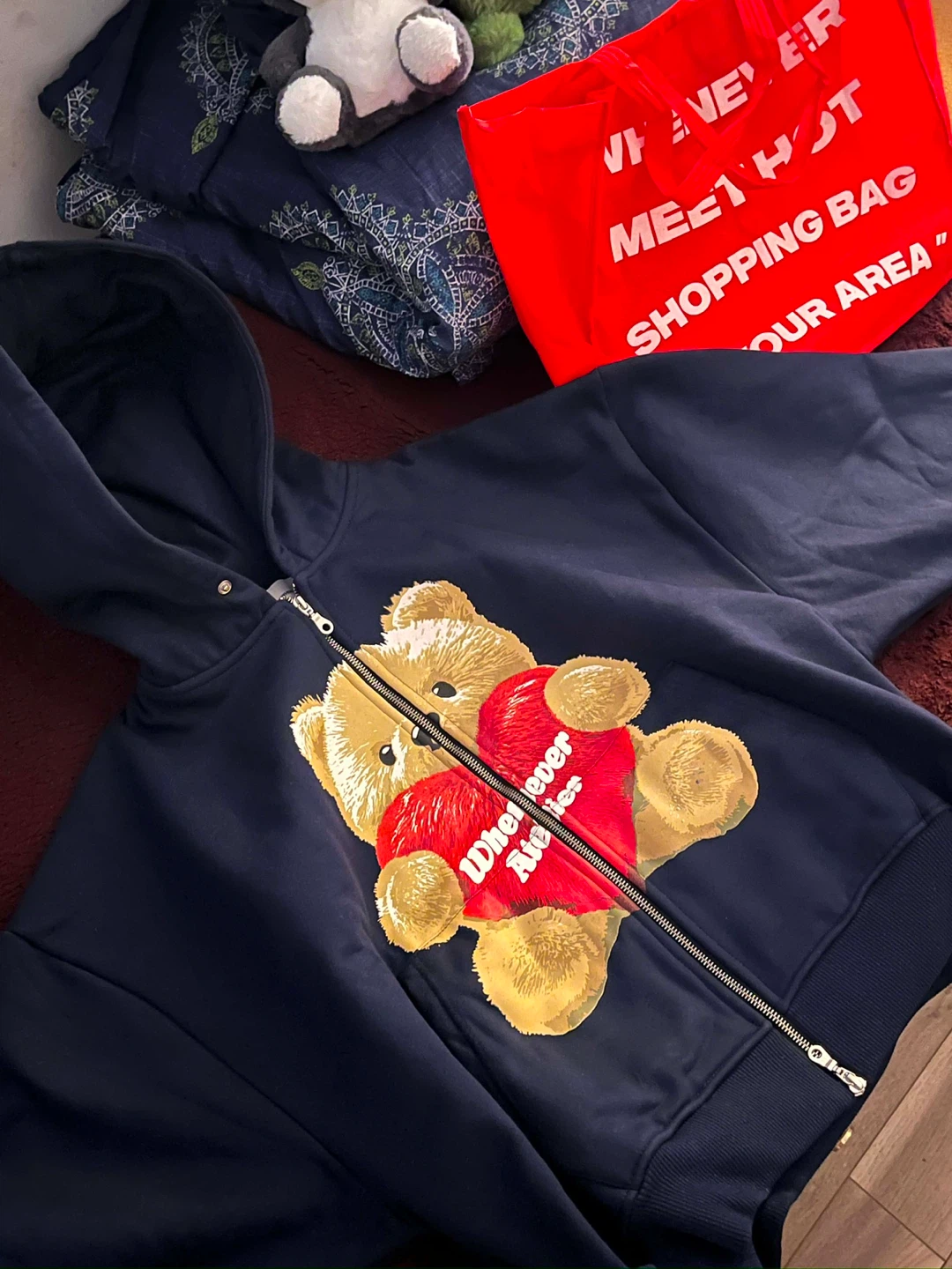 Whenever Atelier Zip-Up Hoodie with Bear and Heart Graphic