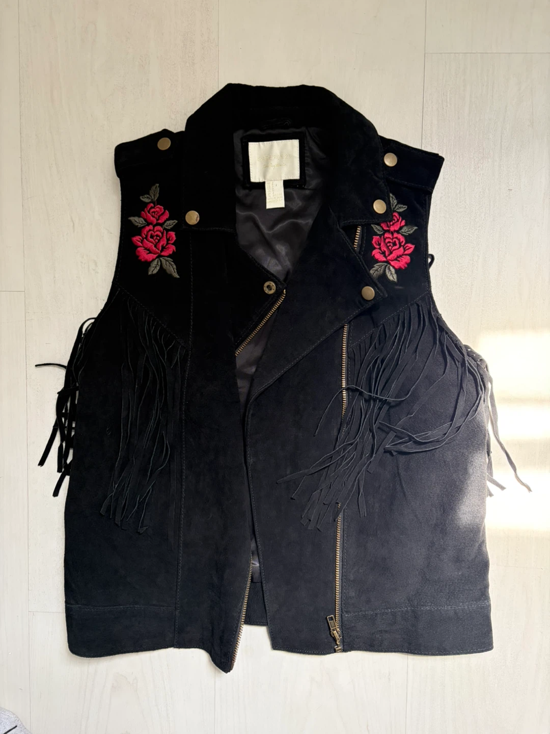 Vintage Forever 21 - Black Suede Fringe Rose Embroidered Vest