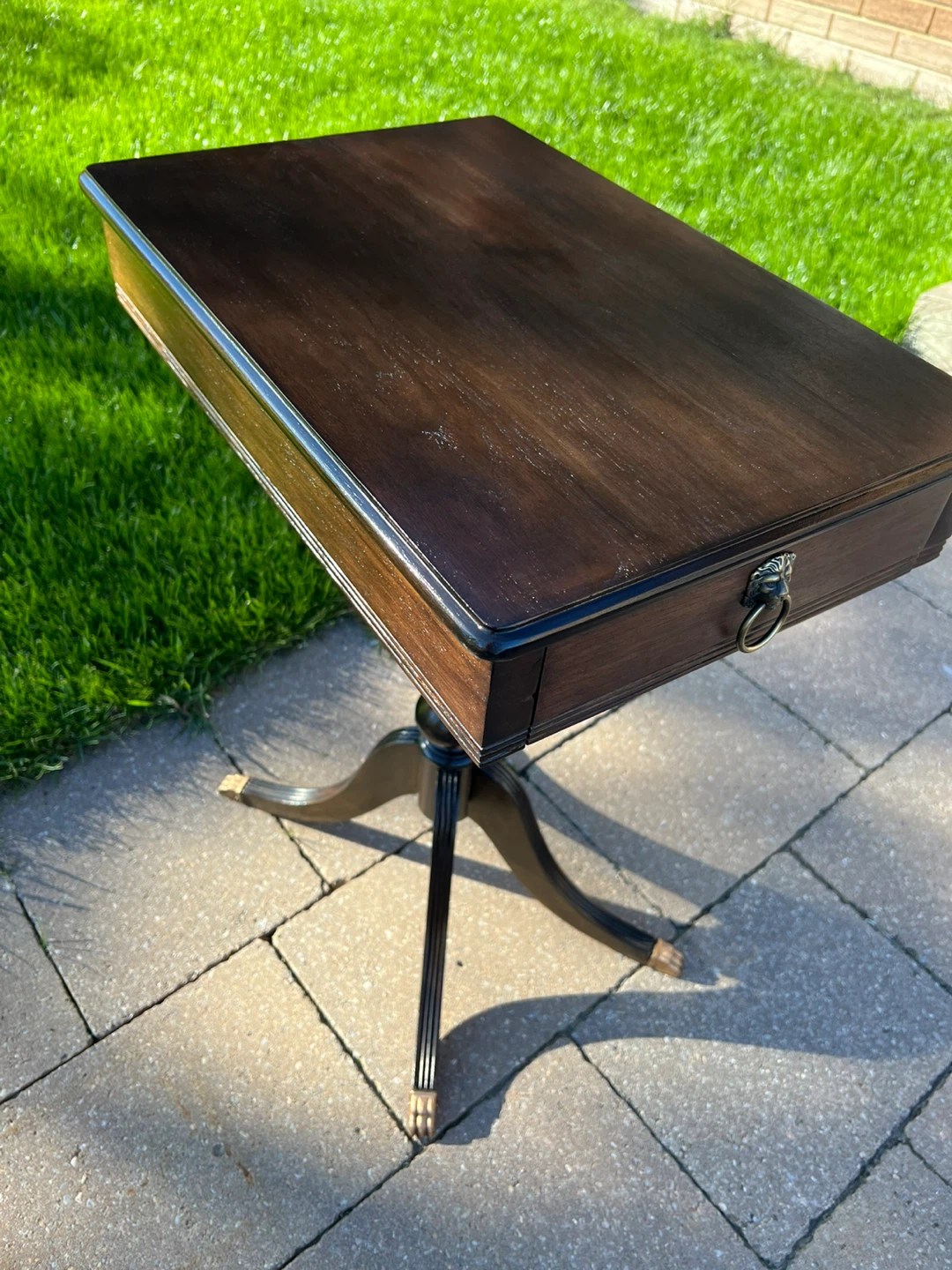 Vintage Dark Wood Side Table with Lion Ring Pull - photo 4